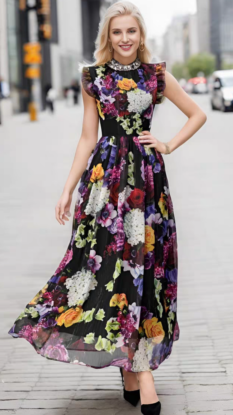 فستان مشجر بزهور ملونة أنيق